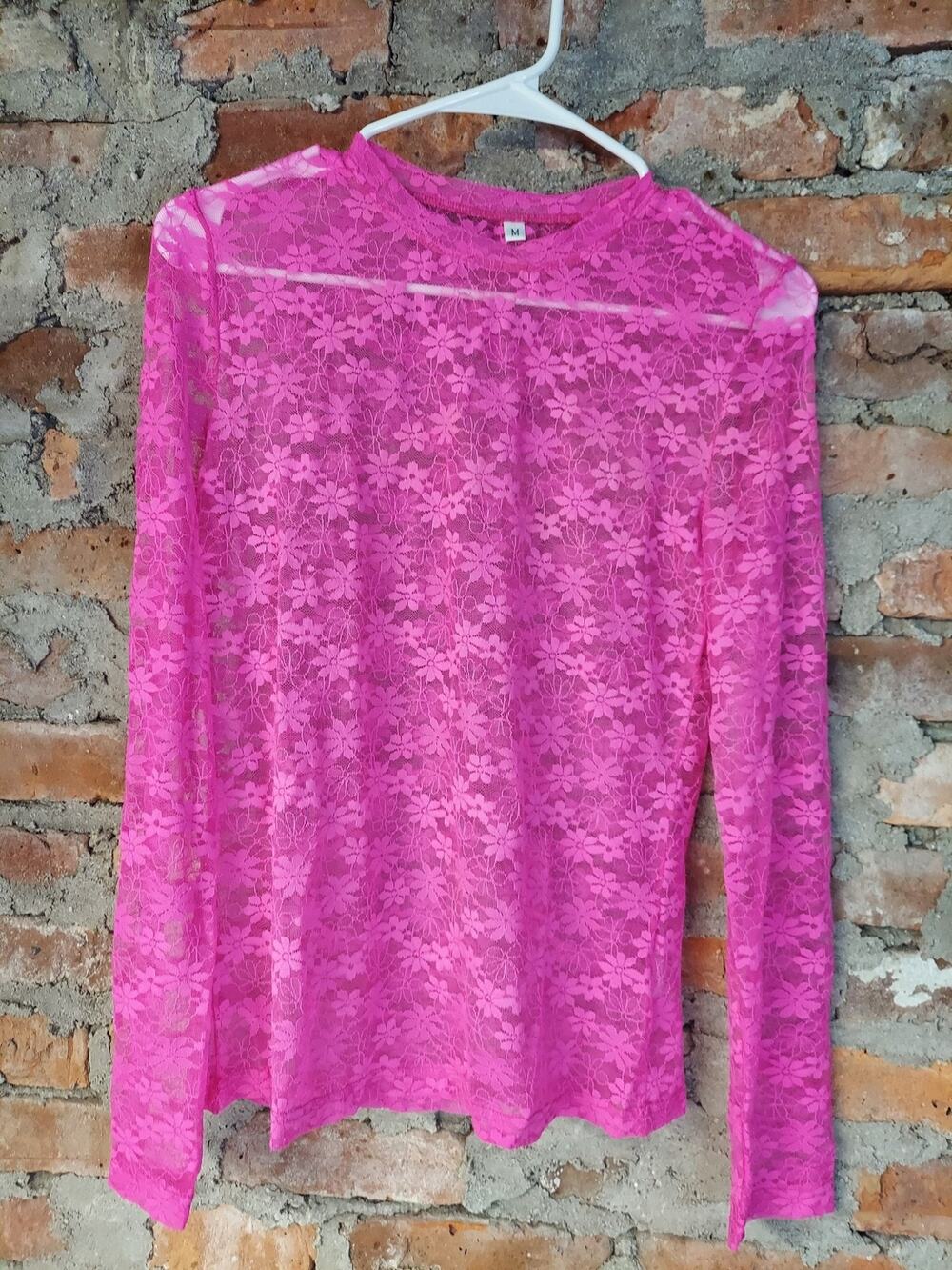 Womens Hot Pink Sheer Lace Floral Long Sleeve Crew Neck Mesh Top M